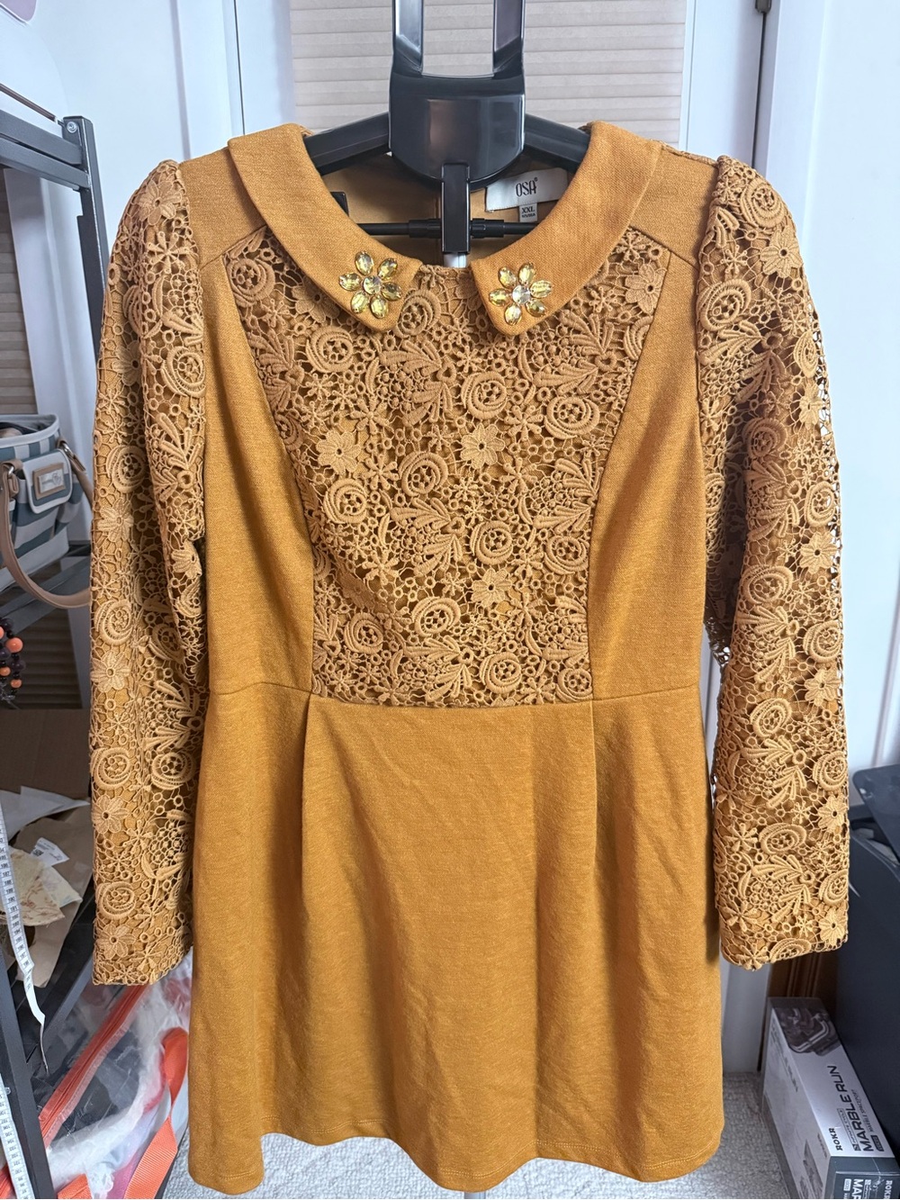 Modcore Coquette Mustard Lace detail Dress Jewel Peter Pan Collar Fit & flare M